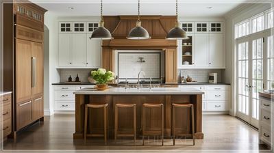 Một căn bếp hiện đại chuyển tiếp kết hợp các đường nét sạch sẽ với những yếu tố truyền thống như các...