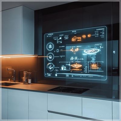 Một căn bếp với các thiết bị thông minh hiện đại. Trên tường phía bên trái bếp có một màn hình, hiển thị video hướng dẫn nấu ăn....