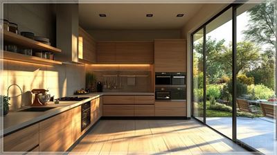 Bếp nhà hiện đại, không gian mở, với các chi tiết tinh tế và vật liệu cao cấp. Tủ bếp được thiết kế đơn...