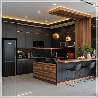 Thiết kế nội thất bếp mở hiện đại, bố trí hình chữ U, bên phải dài 3 mét, bên trái dài 1,5 mét, mặt trước...