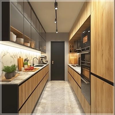 Thiết kế khu vực bếp: Đây là một khu bếp hẹp với chiều rộng 1,5m và chiều dài 6m. Bếp được bố trí một...
