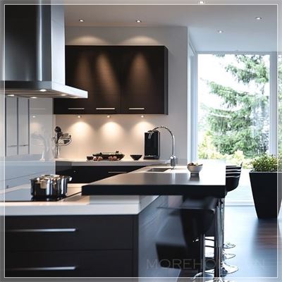 Nhà bếp hiện đại đẹp với các chi tiết tinh tế, bao gồm các tủ bếp gỗ sáng màu, mặt bàn đá cẩm thạch sáng...