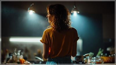 Nội thất bếp hiện đại ấm cúng, người phụ nữ với mái tóc ngắn màu cam đậm đang nấu ăn tại bếp, nhìn từ...