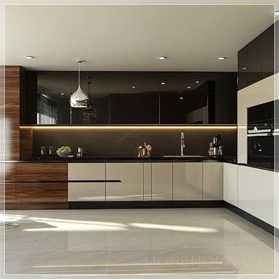 Bếp hiện đại với thiết kế tinh tế, các tủ bếp màu sáng kết hợp với mặt bàn đá tự nhiên. Không gian được...