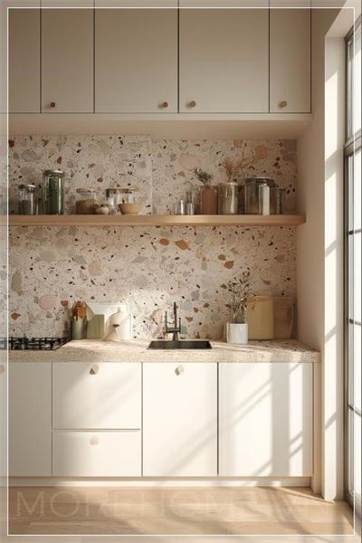 Kệ bếp phong cách công nghiệp với gạch Terrazzo màu beige ấm làm backsplash. Tủ bếp màu trắng, thiết...