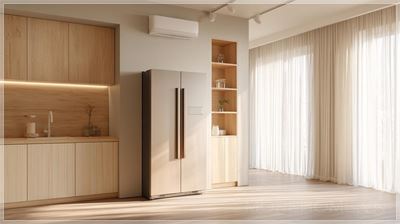 Không gian bếp hiện đại tối giản, tủ lạnh mặt trước với các chi tiết gỗ tinh tế nổi bật ở phía trước,...
