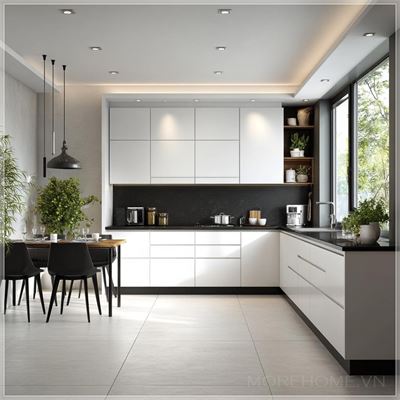 Nội thất bếp hiện đại tối giản, tủ bếp trắng matte, mặt bàn đá đen, sàn gạch trắng, góc nhìn từ dưới...
