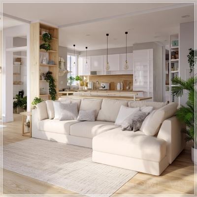 Phòng khách mở hiện đại có kích thước 15.6 x 15.6 ft, kết hợp với một bếp mở, thiết kế theo phong cách...