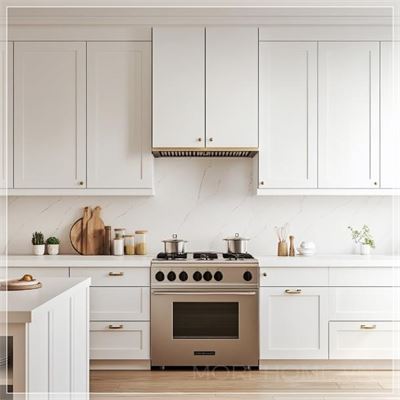 Một căn bếp trắng sáng với tủ bếp trắng, tường trắng, nhìn từ góc trực diện của tủ bếp, ánh sáng sáng hơn ở phía bên trái, với kết cấu thực tế....