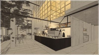 Phác thảo thô bằng bút chì, quán cà phê mở hiện đại với kiến trúc tối giản, quầy bar đen bóng, giàn giáo,...