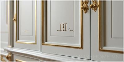 Tủ quần áo với liseré rất mỏng kết thúc bằng chữ ký B L viết tay màu vàng, kích thước 5cm ở cuối liseré,...