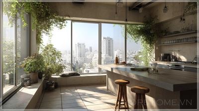 Một bức tranh mô phỏng nội thất của một căn bếp theo phong cách thiết kế đô thị Tel Aviv, với một cửa...