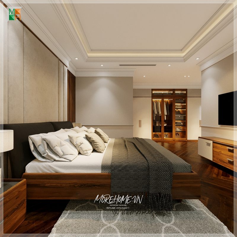Giường ngủ gỗ tự nhiên mang đến cảm giác ấm áp, dễ chịu khi bước chân vào căn phòng.
